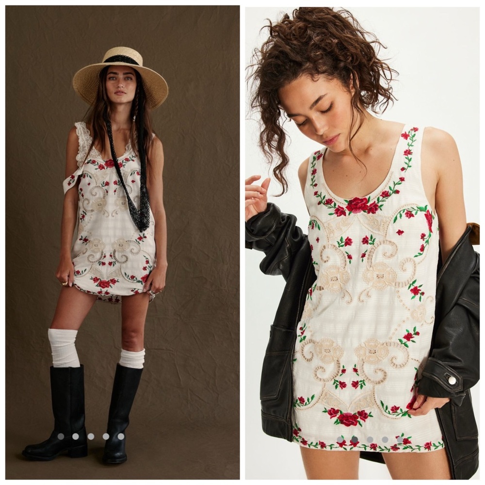Free People Valeria Mini Dress Embroidered Floral Eyelet Rose Dress Tea Combo‎ L